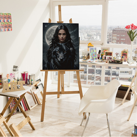 Nocna łowczyni z wilkiem w świetle księżyca