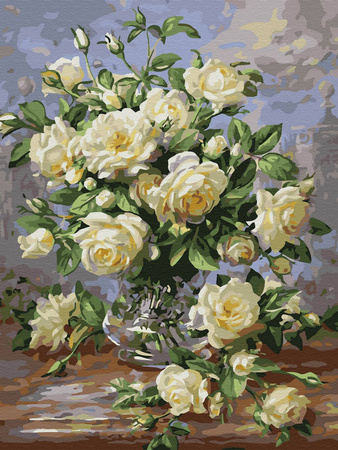 Haft Diamentowy Bez Ramy Kwiaty Bukiet Białych Róż 30x40 Mozaika Diamentowa 5D