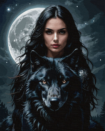 Nocna łowczyni z wilkiem w świetle księżyca