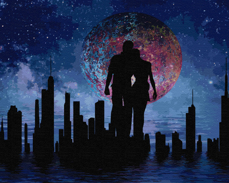 Sylwetki zakochanych na tle kosmicznego miasta