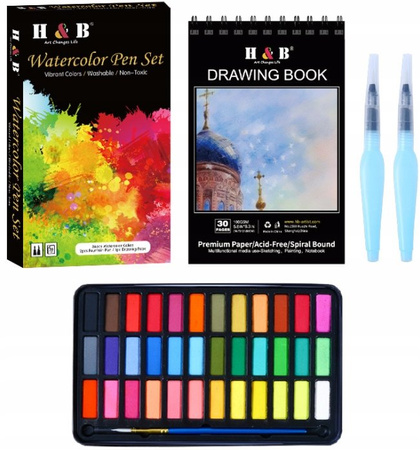 Zestaw farb akwarelowych 36 szt + Szkicownik, 2 Pędzle