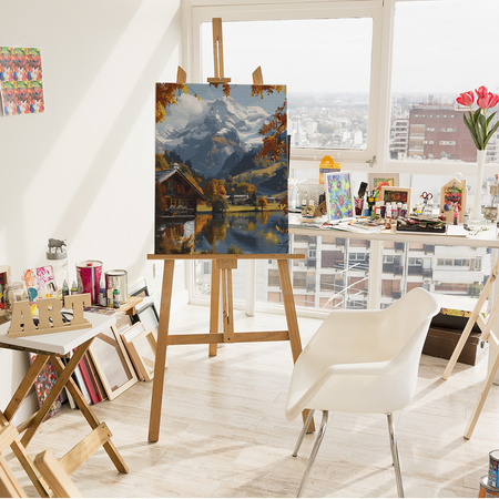 Jesienny pejzaż górski z chatą nad jeziorem