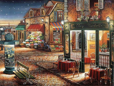 Przytulna ulica ze stolikami kawiarni 40x30cm Diamond Painting Mozaika