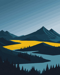 Nowoczesny pejzaż górski z żółtym polem