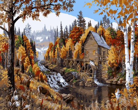 Młyn Wodny W Jesiennym Lesie