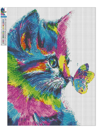Haft Diamentowy Bez Ramy Tęczowy Kot Z Motylem 30x40 Mozaika Diamentowa 5D