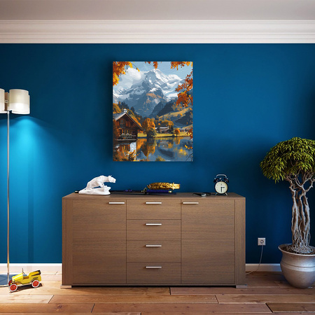 Jesienny pejzaż górski z chatą nad jeziorem